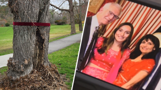 At left, a maroon ribbon around a tree in Weston, Massachusetts, tied as a show of support to a Weston High School student who lost her parents and siblings — Dr. Michael Groff, Karenna Groff and Joy Saini are seen at right — in a plane crash in New York's Catskills.
