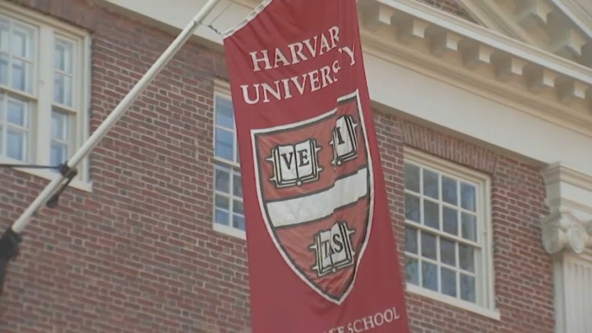 A Harvard University flag hands off a brick building