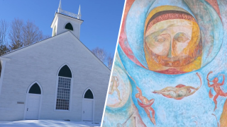 Comparing the outside and inside of the South Solon Meeting House in Solon, Maine