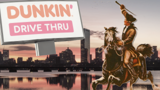 A drawing of Paul Revere hailing a Dunkin' drive-thru sign, superimposed over an image of Boston at sunrise, seen across the Charles River.