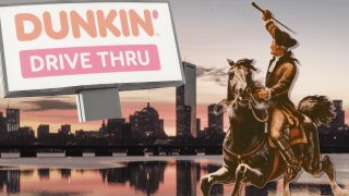 A drawing of Paul Revere hailing a Dunkin' drive-thru sign, superimposed over an image of Boston at sunrise, seen across the Charles River.