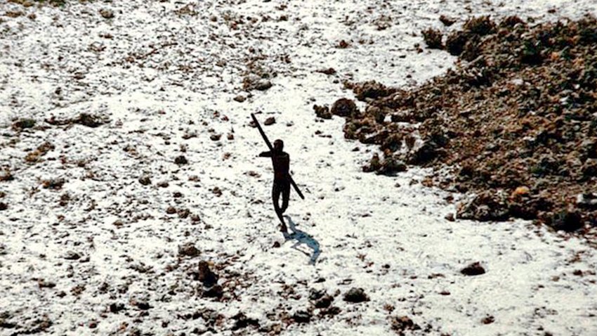 Aerial image of Sentinelese tribesman with arrow
