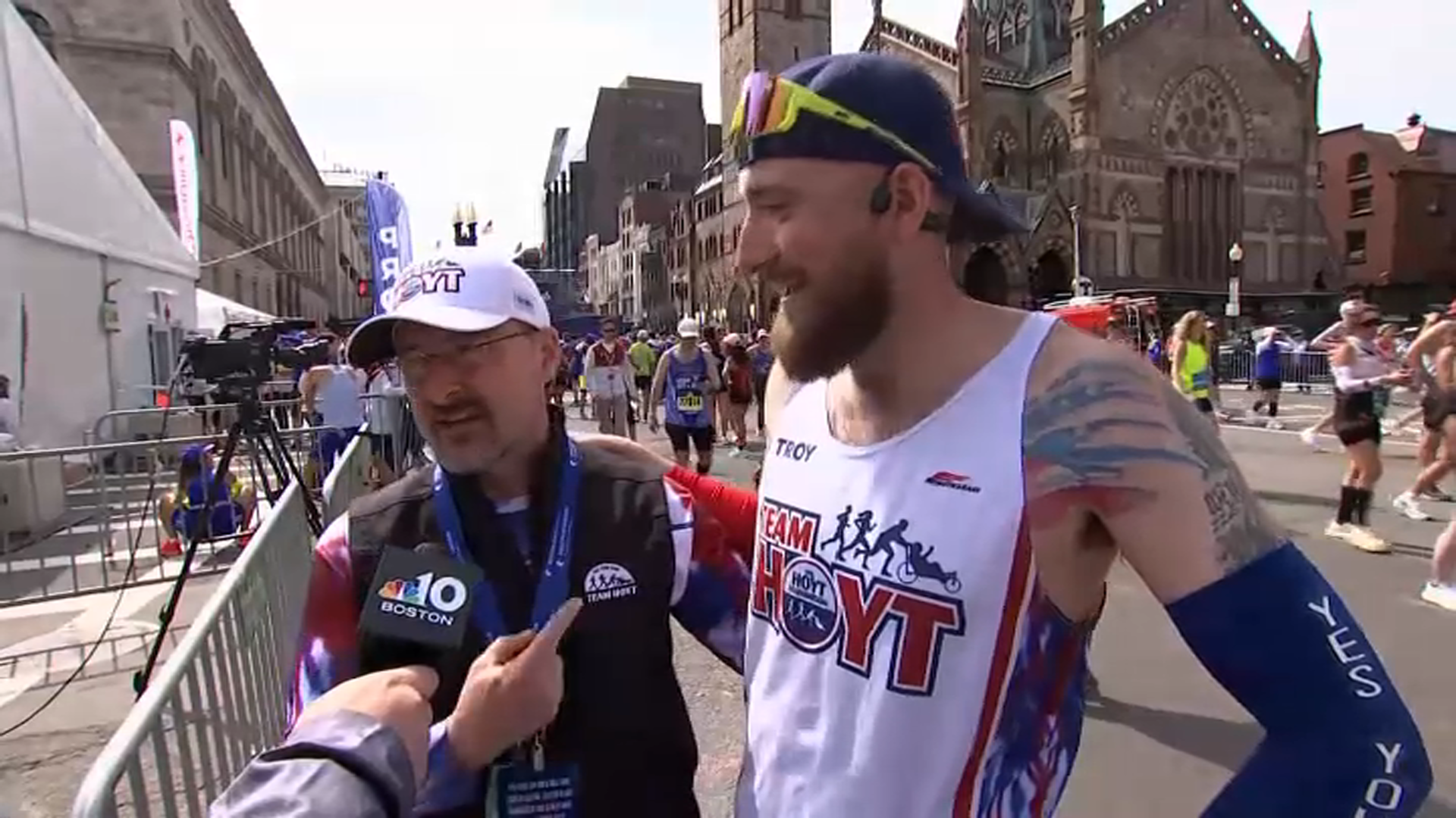From left: Russ and Troy Hoyt after Troy finished the Boston Marathon on Monday, April 21, 2025.