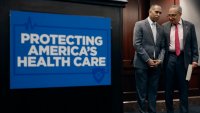 Senate Majority Leader Charles Schumer (D-NY) (R) talks with House Minority Leader Hakeem Jeffries (D-NY) while attend an event to mark the 14 anniversary of the passage of the Affordable Care Act at the U.S. Capitol on March 21, 2024 in Washington, DC. 