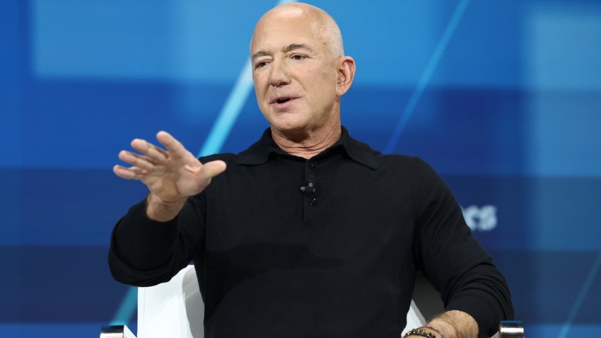 Jeff Bezos, founder and executive chairman of Amazon, takes the stage during The New York Times’ annual DealBook Summit, at Jazz at Lincoln Center in New York City on Dec. 4, 2024.