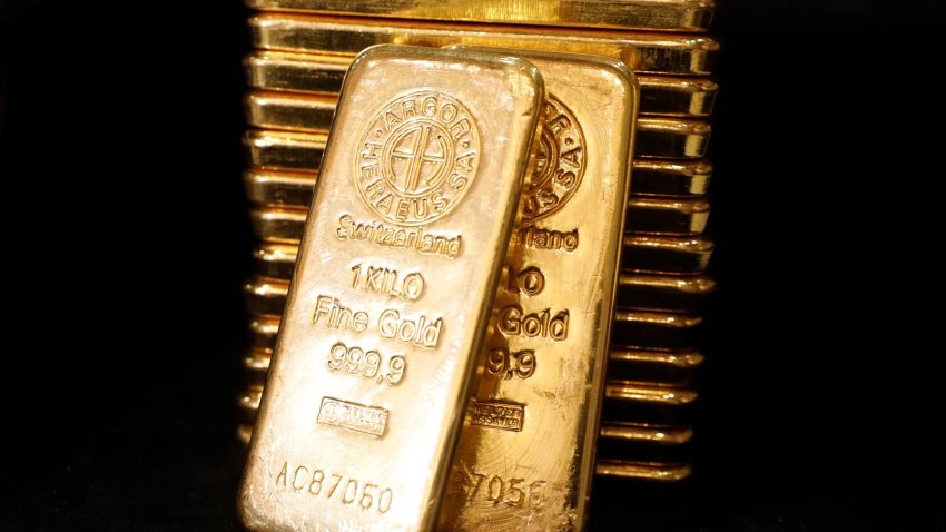 Gold bullions are displayed at GoldSilver Central’s office in Singapore on June 19, 2017.