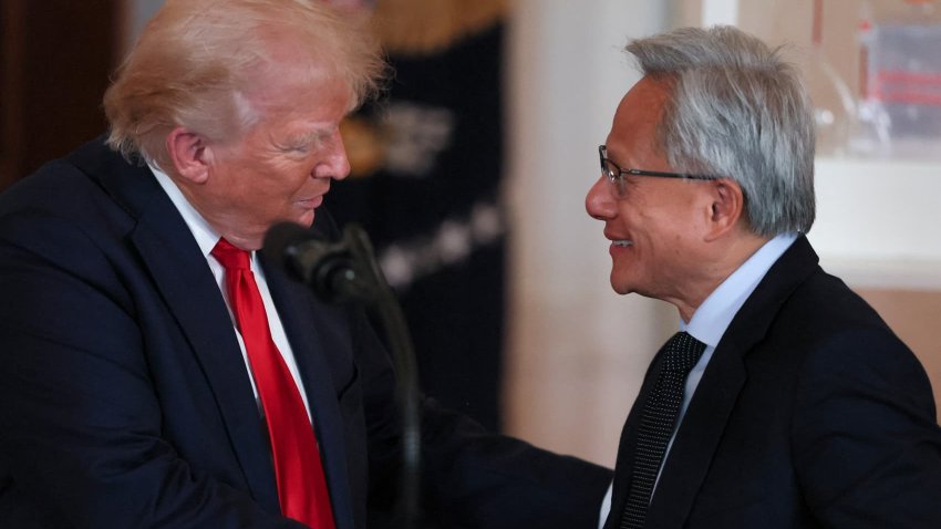 NVIDIA CEO Jensen Huang and U.S. President Donald Trump shake hands at an ‘Investing in America’ event in Washington, D.C., U.S., April 30, 2025.