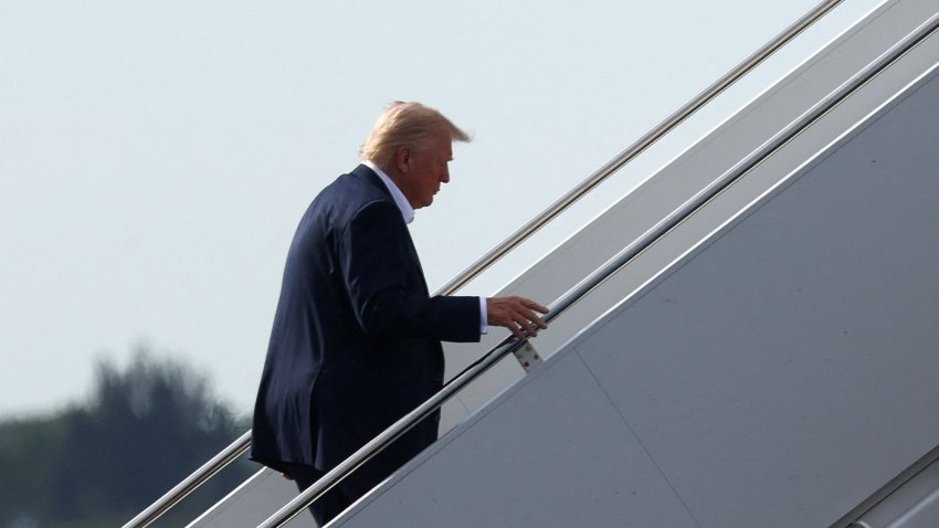 U.S. President Donald Trump boards Air Force One for travel back to Washington, D.C., at Palm Beach International Airport, in West Palm Beach, Florida, U.S. May 4, 2025.