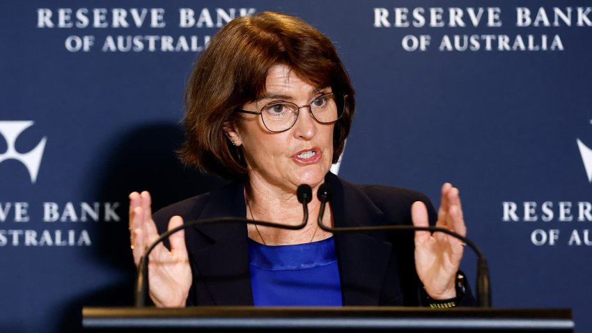 Michele Bullock, governor of the Reserve Bank of Australia (RBA), speaks during a news conference at the bank’s head office in Sydney, Australia, on Tuesday, Apr. 1, 2025.