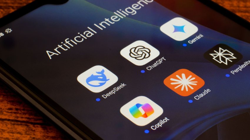 In this photo illustration, the artificial intelligence (AI) apps DeepSeek, ChatGPT, Google Gemini, Copilot, Claude, and Perplexity seen displayed on a smartphone.