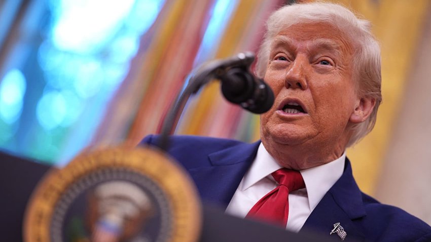 U.S. President Donald Trump speaks during a swearing in ceremony for interim U.S. Attorney for Washington, D.C. Jeanine Pirro in the Oval Office of the White House on May 28, 2025 in Washington, DC.