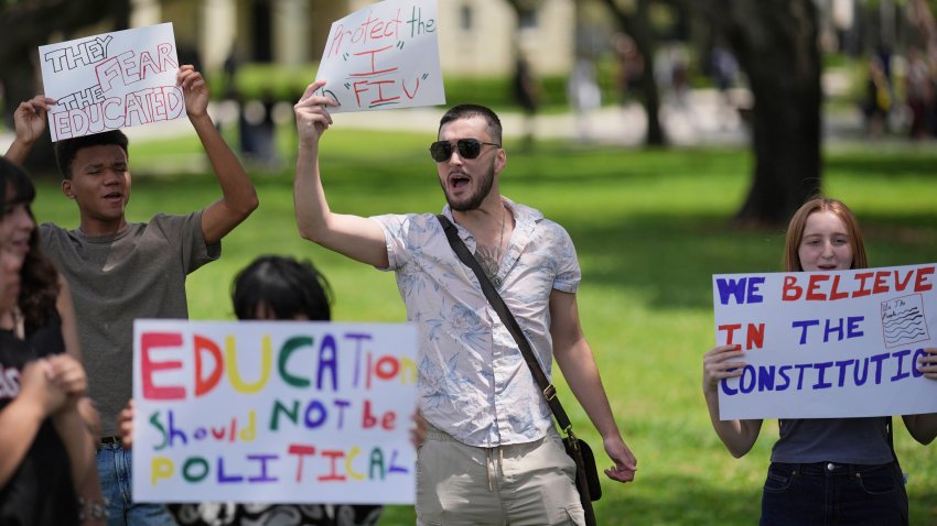 A group of Florida International University students protest against cuts in federal funding