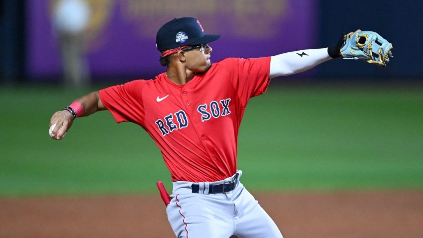 PORT CHARLOTTE, FLORIDA – MARCH 13, 2025: Franklin Arias #65 of the Boston Red Sox warms up during the sixth inning of a spring training Spring Breakout game against the Tampa Bay Rays at Charlotte Sports Complex on March 13, 2025 in Port Charlotte, Florida. (Photo by Nick Cammett/Diamond Images via Getty Images)