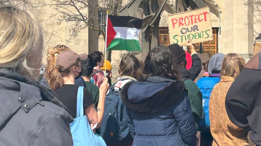 Boston University students protest a Trump administration crackdown on international student visas.