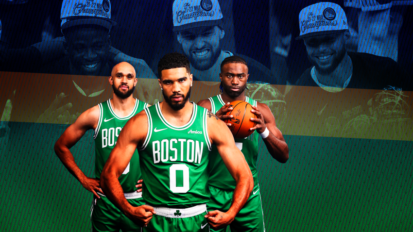 Celtics teammates Derrick White, Jayson Tatum and Jaylen Brown
