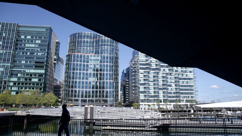 Boston, MA – May 11: Part of the Boston Seaport District skyline framed by The Institute of Contemporary Art in South Boston in Boston on May 11, 2021. (Photo by Jonathan Wiggs/The Boston Globe via Getty Images)