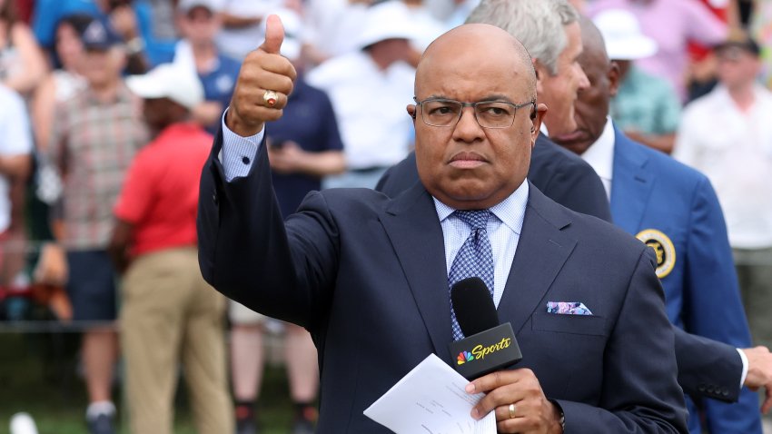 ATLANTA, GA - SEPTEMBER 01: Mike Tirico of NBC Sports gives a thumbs up right before the trophy presenation after the final round of the 2024 FedExCup Playoffs Tour Championship on September 1, 2024 at East Lake Golf Club in Atlanta, Georgia. (Photo by Michael Wade/Icon Sportswire via Getty Images)