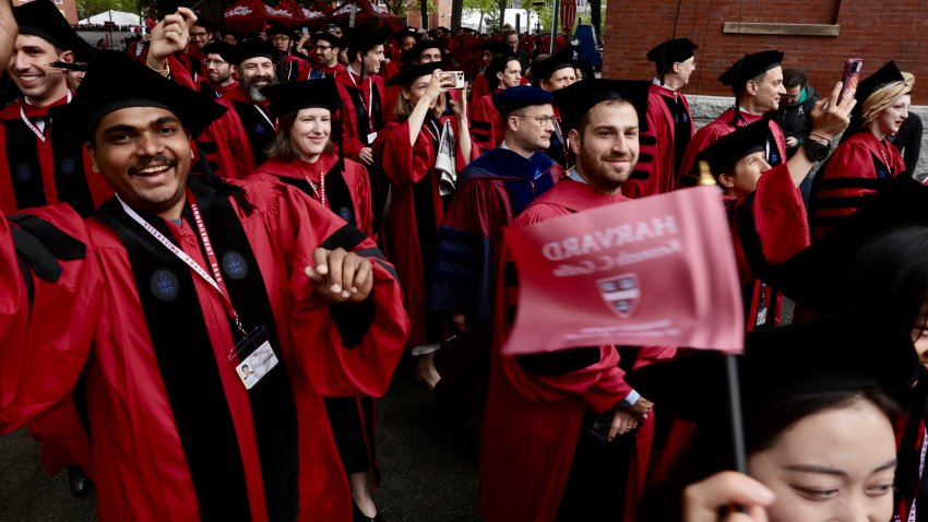 Cambridge, MA – May 29: Students arrive prior to Harvard University’s 374th Commencement on May 29, 2025. (Photo by Craig F. Walker/The Boston Globe via Getty Images)