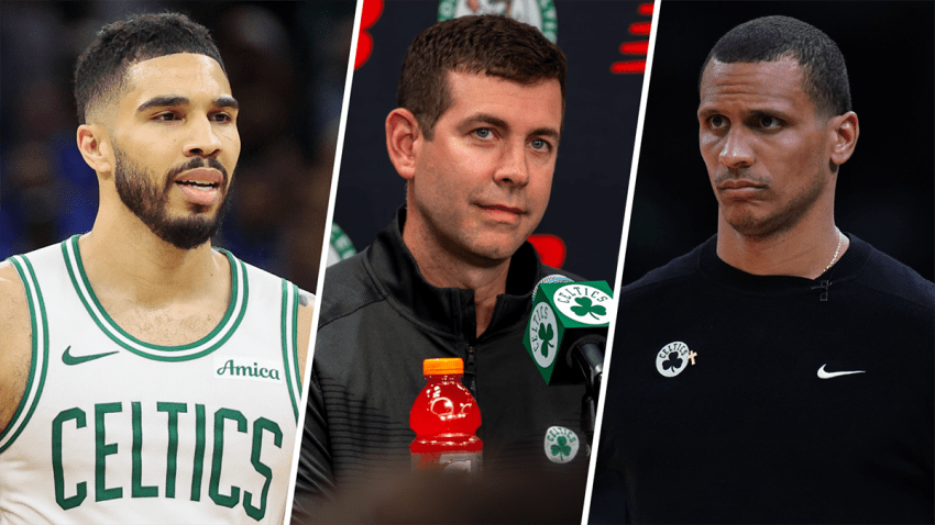 Celtics forward Jayson Tatum, president of basketball operations Brad Stevens and head coach Joe Mazzulla