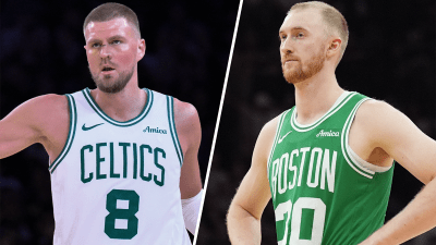 Celtics big man Kristaps Porzingis and forward Sam Hauser
