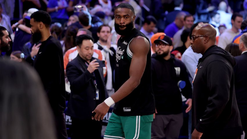 May 16, 2025; New York, New York, USA; Boston Celtics guard Jaylen Brown (7) walks off the court after losing to the New York Knicks in game six in the second round of the 2025 NBA Playoffs at Madison Square Garden. Mandatory Credit: Brad Penner-Imagn Images