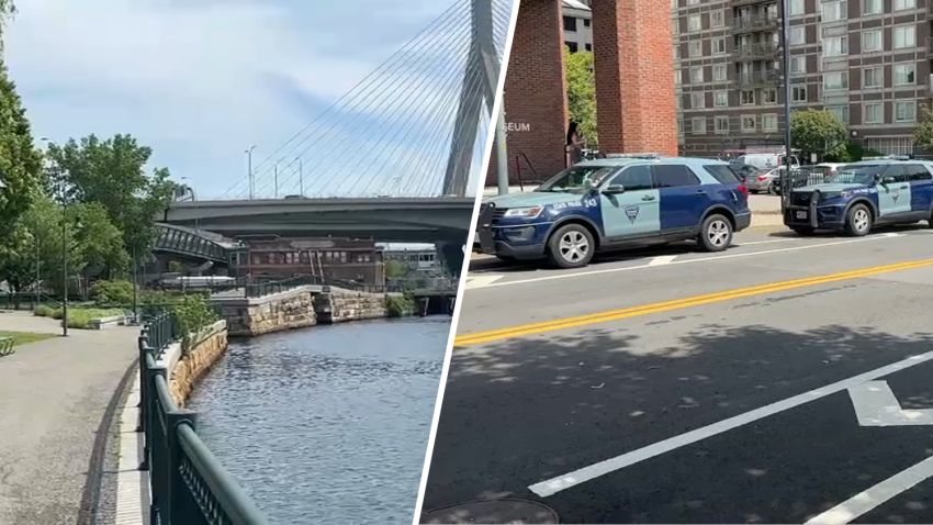 At left, a waterfront path in Boston's Paul Revere Park on Wednesday, May 28, 2025, after a report of a sexual assault. At right, state troopers investigating the incident nearby.