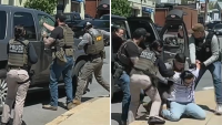 Stills from video showing federal agents breaking an SUV window and detaining a man who was inside in Chelsea, Massachusetts, on Sunday, May 11, 2025.