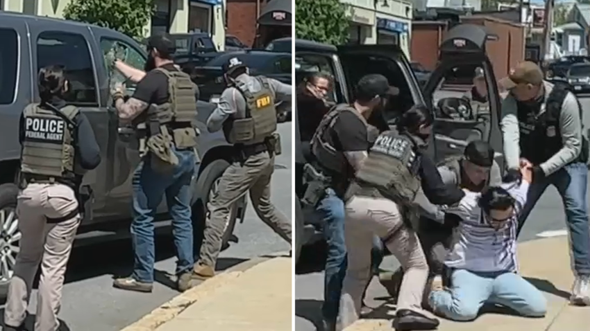 Stills from video showing federal agents breaking an SUV window and detaining a man who was inside in Chelsea, Massachusetts, on Sunday, May 11, 2025.