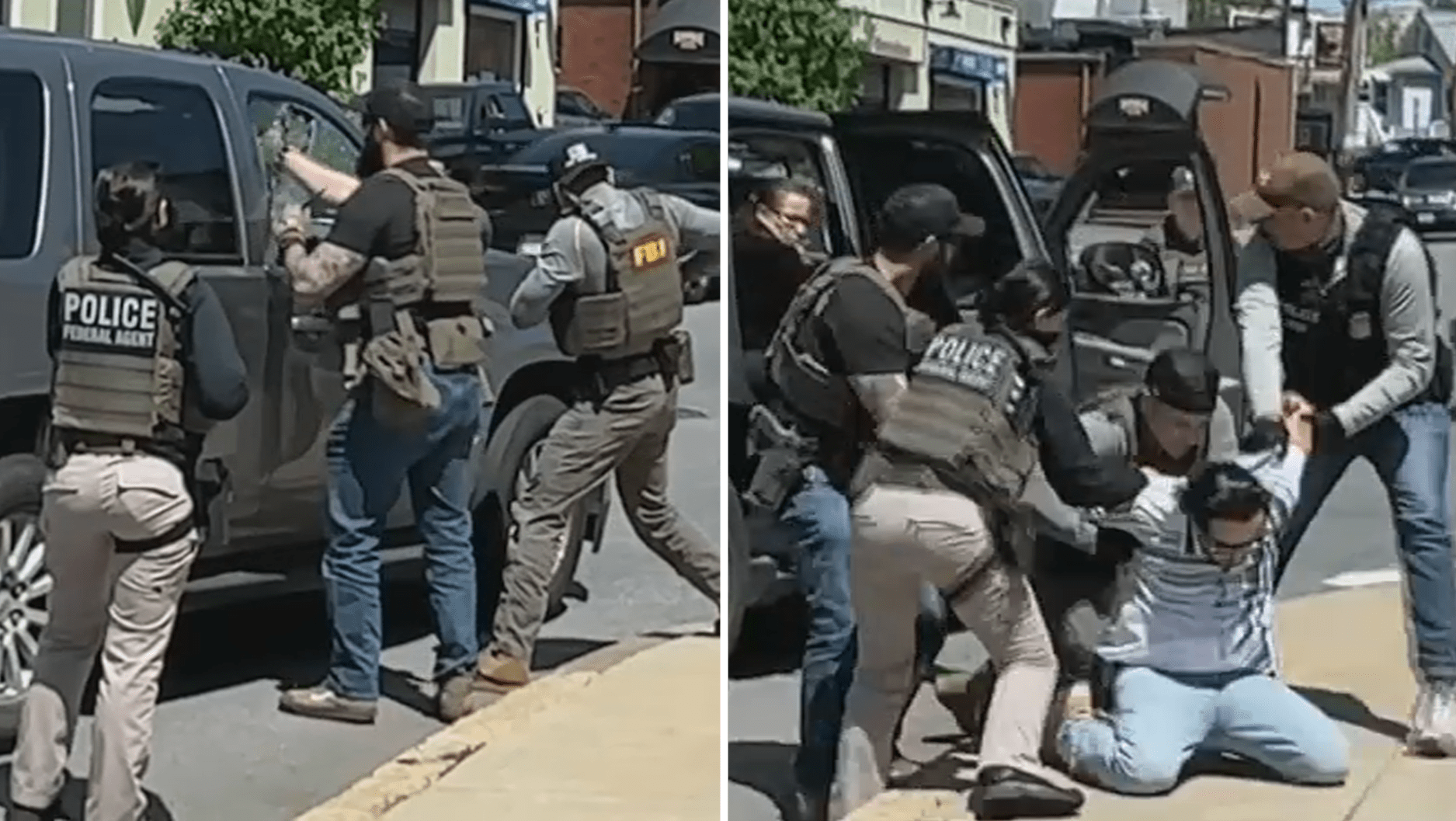 Stills from video showing federal agents breaking an SUV window and detaining a man who was inside in Chelsea, Massachusetts, on Sunday, May 11, 2025.