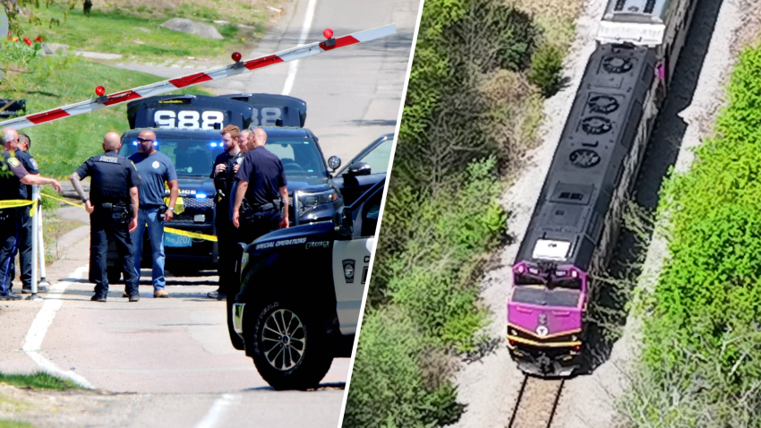 Police at a train crossing in Cohasset, Massachusetts, and an MBTA train down the tracks, after the train crashed with a car on Saturday, May 3, 2025.