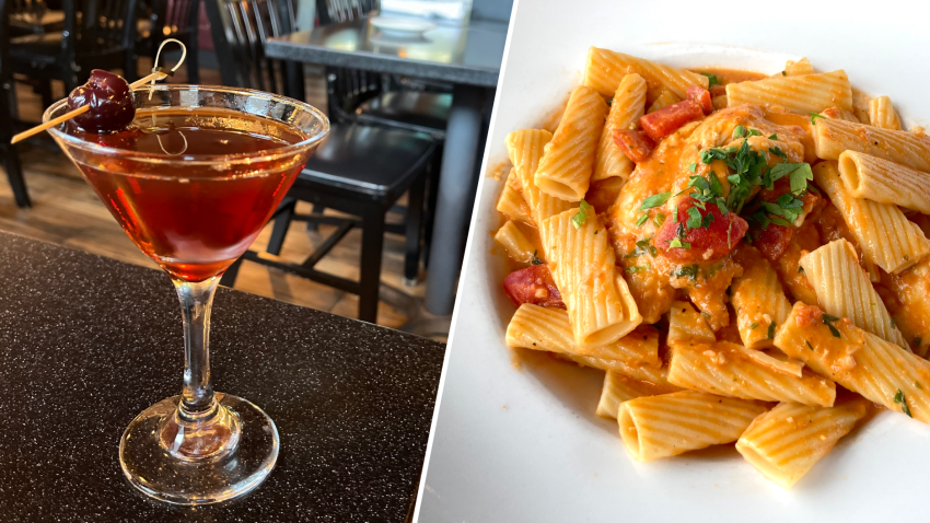 A cocktail and a plate of pasta from Ecco, an Italian restaurant in Weymouth, Massachusetts.