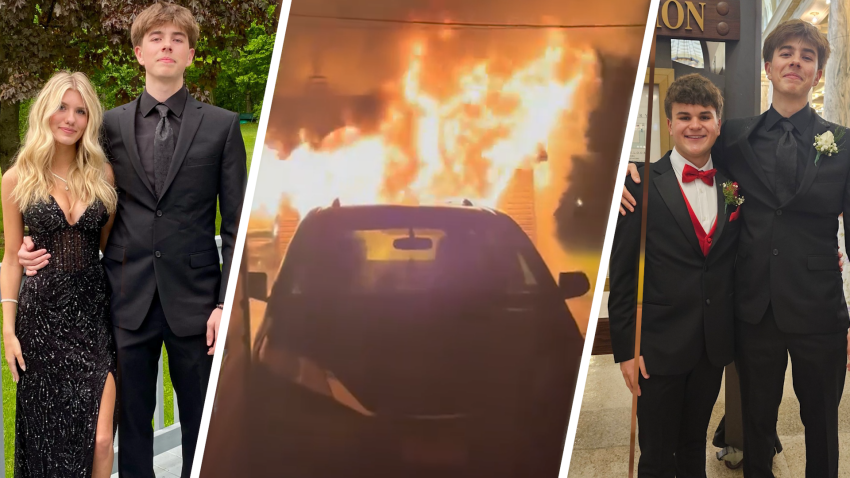 Split screen with teens at prom and garage fire