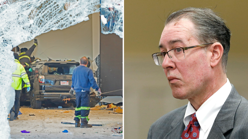 At left, the aftermath of a deadly 2022 car crash at the Apple store in Hingham, Massachusetts. At right, driver Bradley Rein in court for a hearing after being charged over the crash.