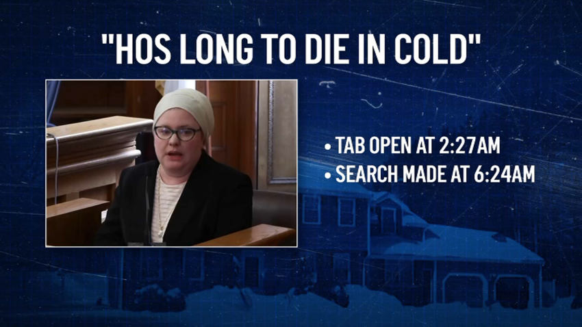 A graphic showing forensics expert Jessica Hyde below the phrase, "hos long to die in cold." As Hyde explained it, the search was made at 6:24 a.m., on a tab that was opened at 2:27 a.m.