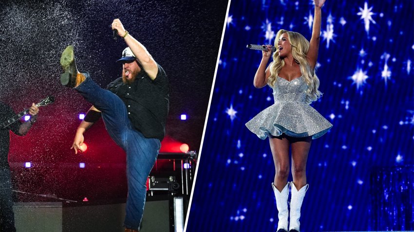 A split image showing Luke Combs and Megan Moroney at individual performances.