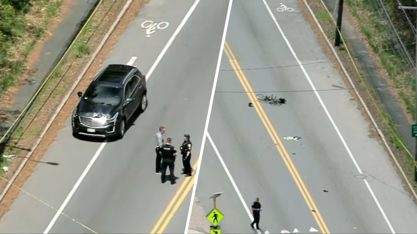 Police respond to a motor vehicle crash involving a bicycle on Route 138 in Milton, Mass., on Wednesday, May 7, 2025.