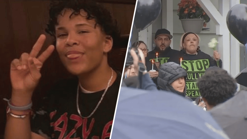 At left, a family photo of Jason Bernard. At right, his family holds a vigil for the 14-year-old at their Peabody, Massachusetts, home following his death by suicide.