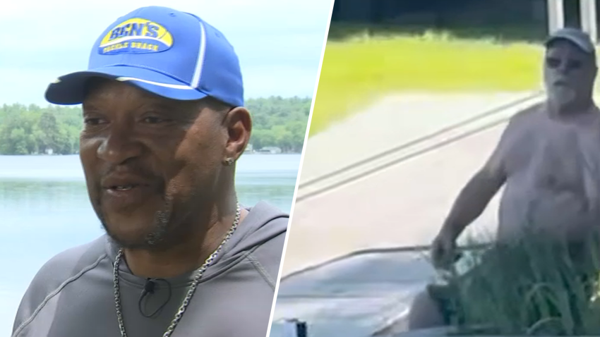 Sherron Brown, at left, and a man seen on video hurling a racial slur at him and his daughter while they were fishing on Memorial Day 2025 on a Massachusetts lake.