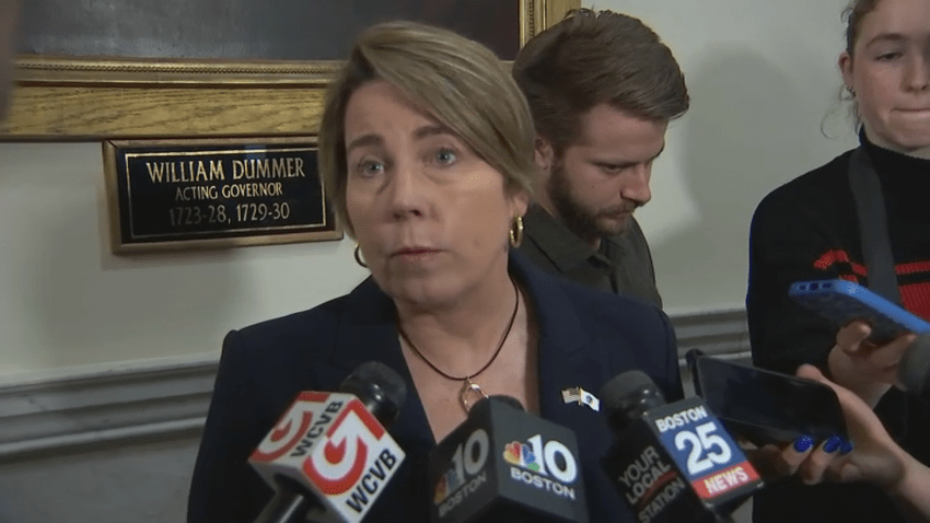 Massachusetts Gov. Maura Healey speaking to reporters on Tuesday, May 20, 2025.