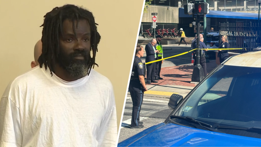 At left, Elvis Haughton appears in a Boston court after allegedly shooting himself in the foot with a police officer's gun near Massachusetts General Hospital the day before — the aftermath of the scene is seen at right.