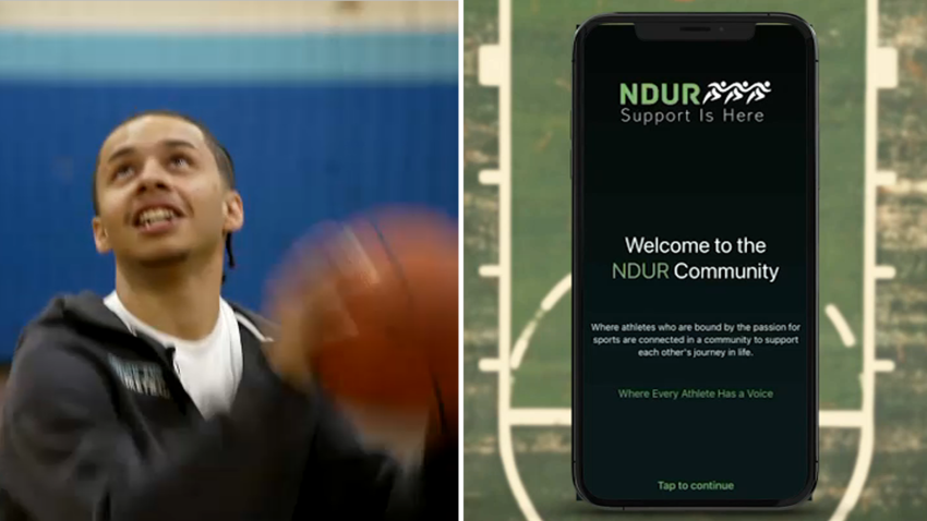 At left, a Boston English High School basketball player shoots a ball. At right, a screenshot of the NDUR app.