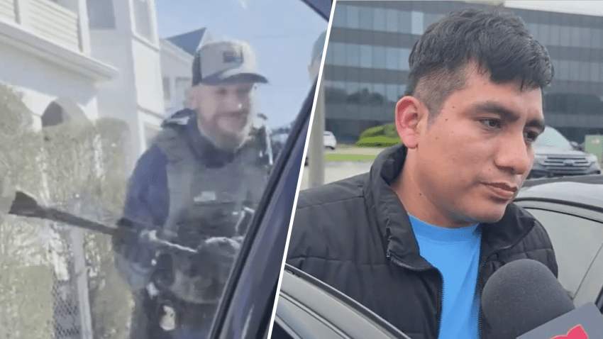 At right, Juan Francisco Méndez being released from ICE custody on Thursday, May 15, 2025, in Burlington, Massachusetts. At left, a still from video of his arrest.