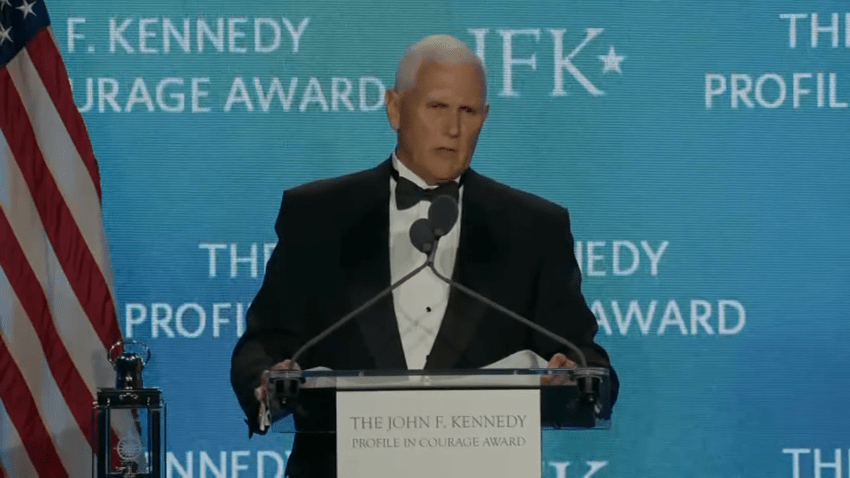 Former Vice President Mike Pence receives the Profile in Courage Award at the John F. Kennedy Presidential Library in Boston on Sunday, May 4, 2025.