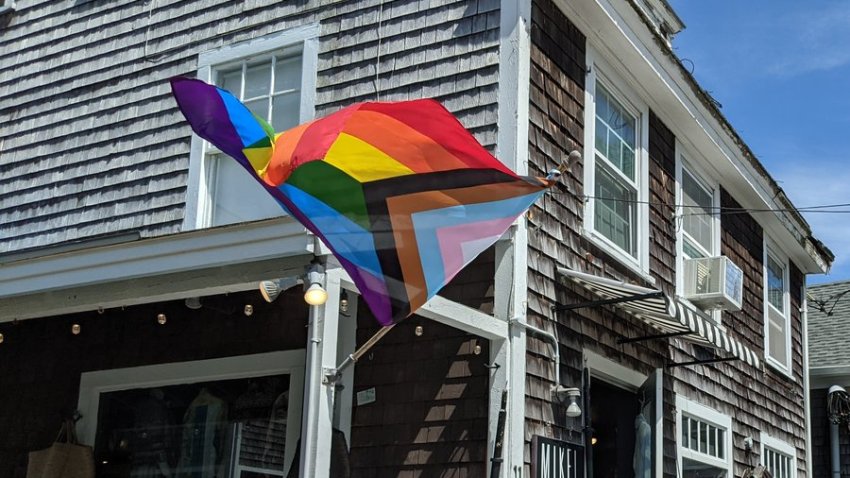 A Pride flag flies outside an art and clothing store in Edgartown on Martha’s Vineyard.