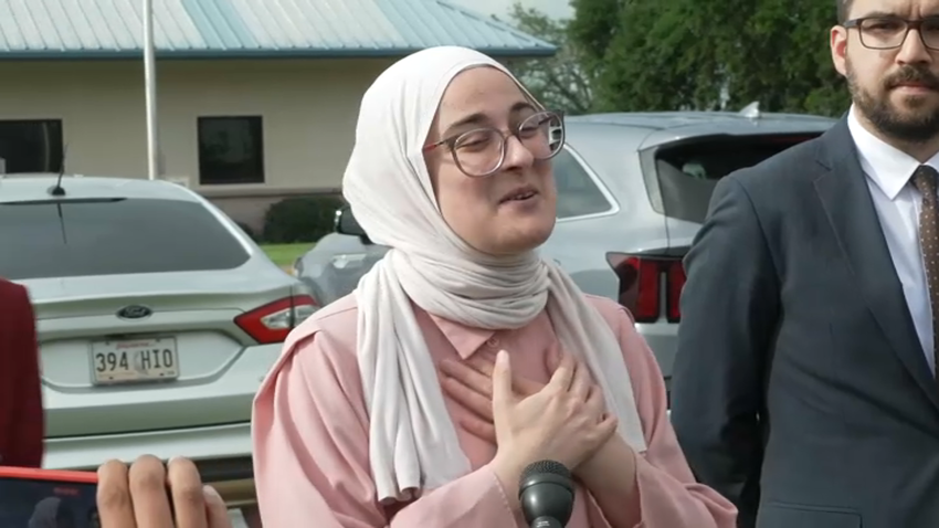 Tufts student Rumeysa Ozturk speaks moments after being released from an ICE detention facility in Louisiana on Friday, May 9, 2025.