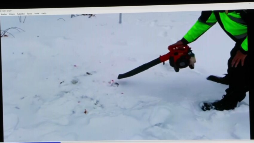 Video, shown Monday, May 5, 2025, in the Karen Read murder retrial, of Lt. Paul Gallagher using a snow blower at the scene of John O'Keefe's death in Canton, Massachusetts.