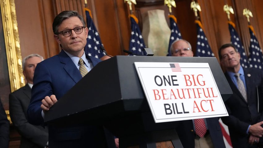 U.S. Speaker of the House Mike Johnson (R-LA) speaks to the media after the House narrowly passed a bill forwarding President Donald Trump’s agenda at the U.S. Capitol on May 22, 2025 in Washington, DC.