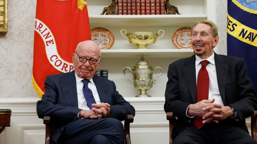 From left, former Fox Corp Executive Chairman Rupert Murdoch and Larry Ellison, Oracle’s co-founder, chief technology officer and executive chairman, listen as U.S. President Donald Trump speaks to reporters in the Oval Office of the White House in Washington on Feb. 3, 2025.