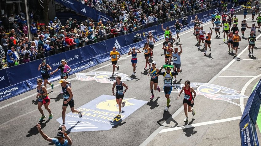 Runners approaching the finish line of the 2025 Boston Marathon.