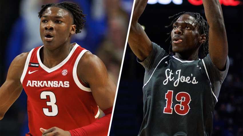 Arkansas forward Adou Thiero and St. Joseph's forward Rasheer Fleming